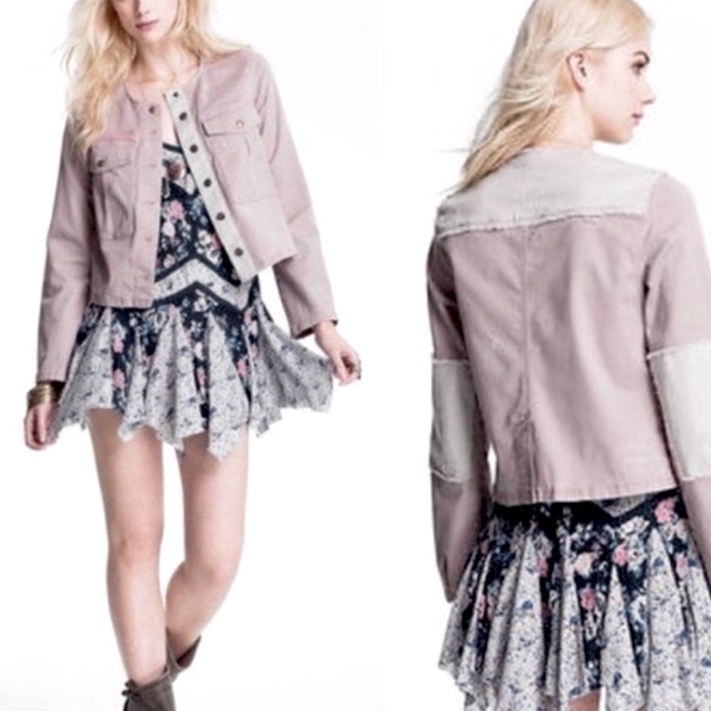 Free people pink jean jacket Distressed Patched Button Up denim utility Jacket L